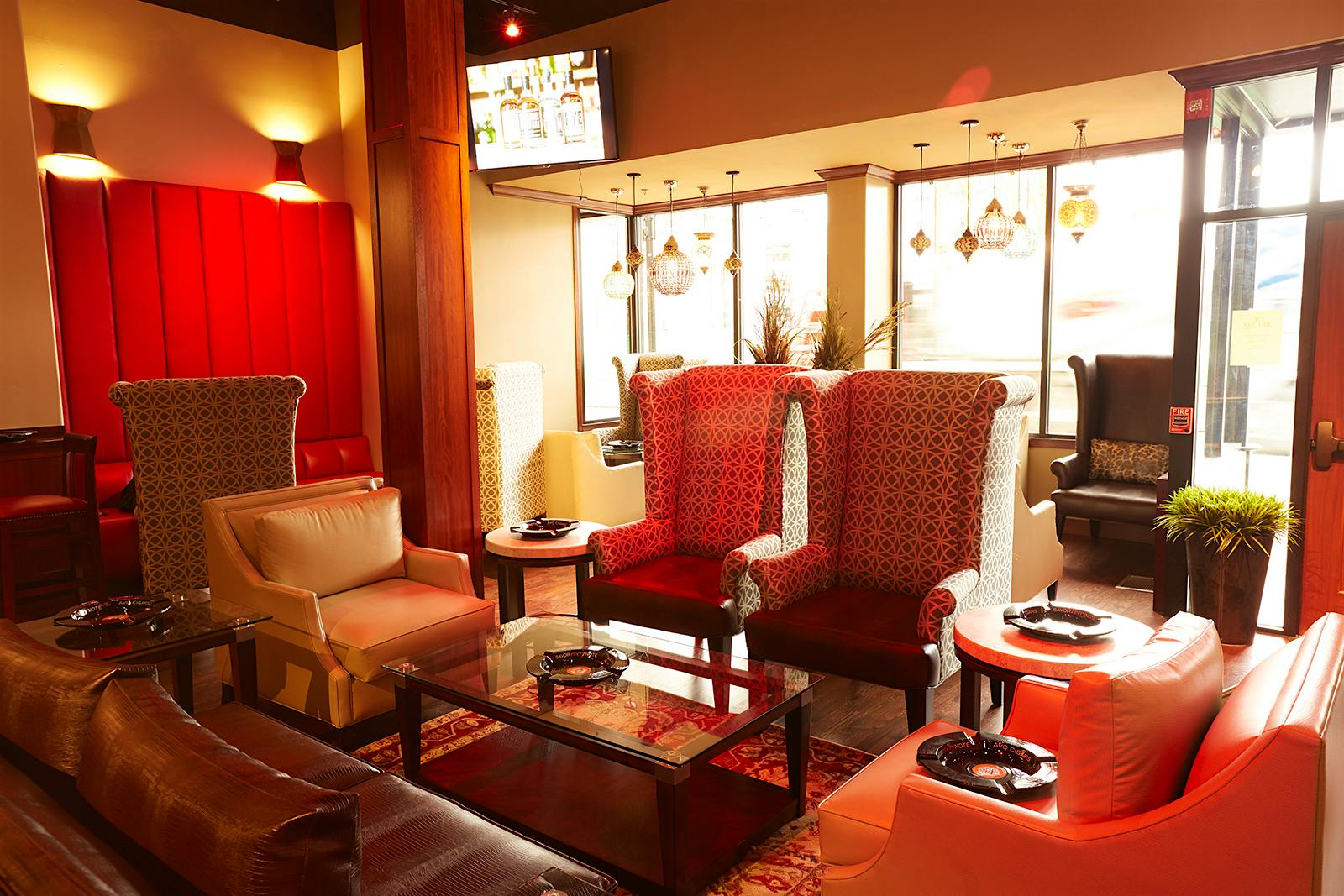 The front sitting area offers cozy leather couches and easy chairs.