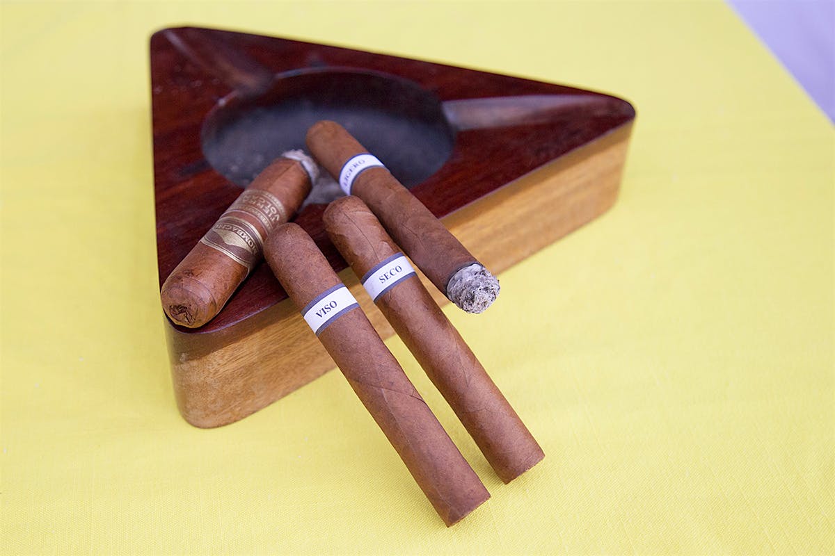 During a seminar, participants lit up three cigars, each a component of the final Liga Maestro blend: brawny ligero from the Jalapa Valley, sweet seco cultivated in Condega, and sweet/salty viso also from Jalapa.