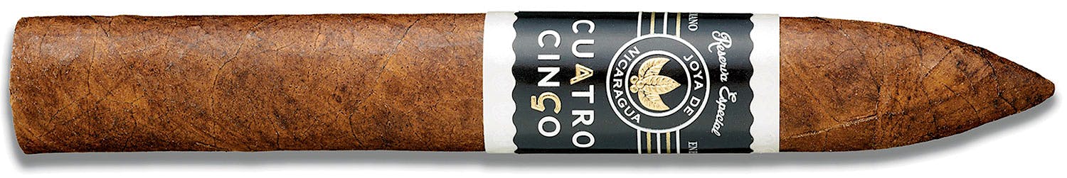 Joya de Nicaragua's Cuatro Cinco Reserva Especial showcases Nicaraguan filler tobacco aged in old oak casks. The Torpedo, shown here, scored 92 points in Cigar Aficionado's January 2017 tasting.