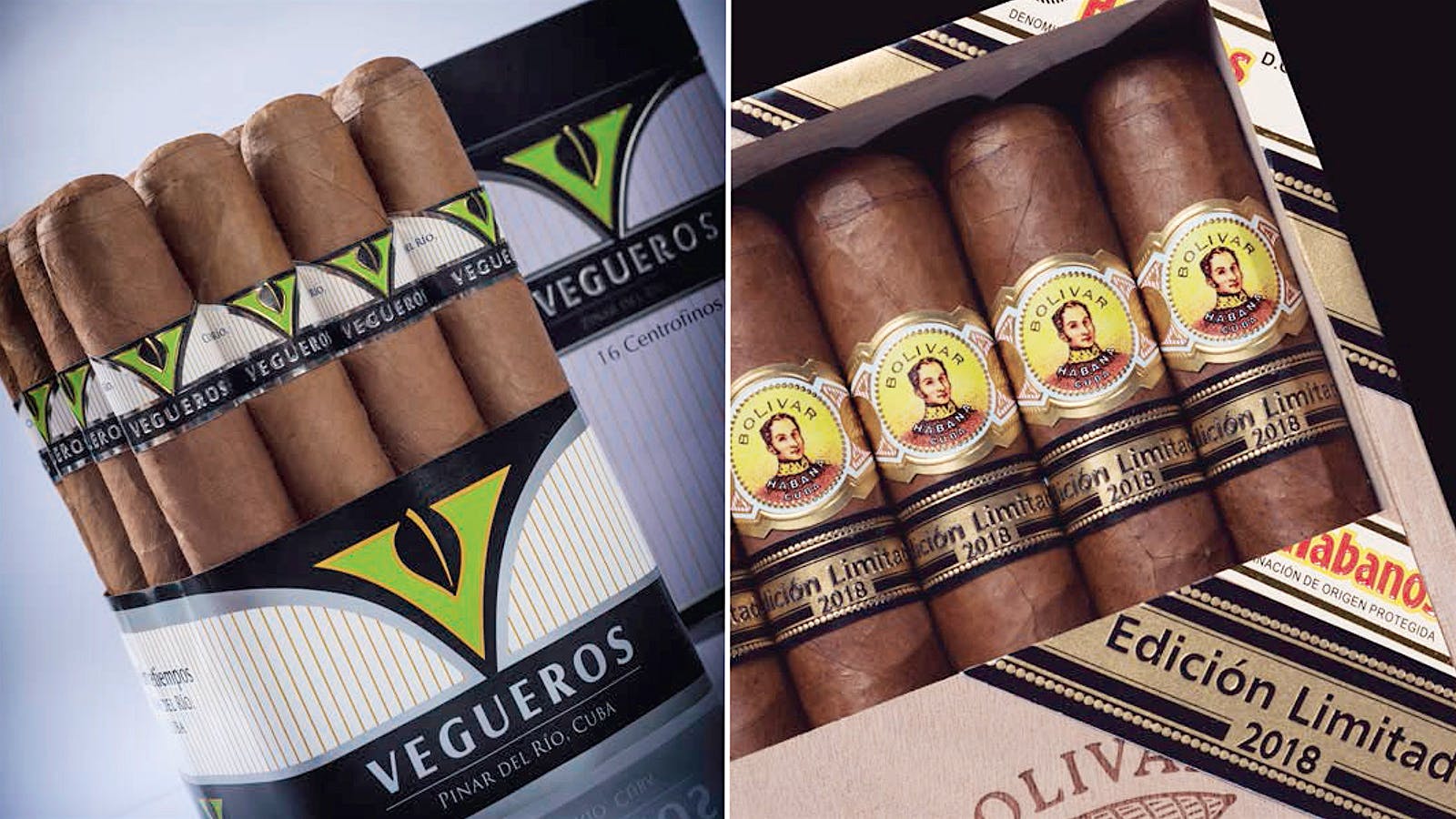 Habanos announced a new size for the value-brand Vegueros, left, while the Bolivar Soberano, right, is among the three Edición Limitada cigars for 2018.