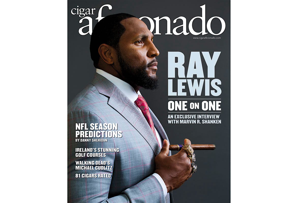 Ray Lewis on the cover of Cigar Aficionado's October 2016 issue.
