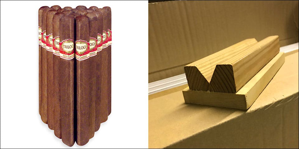 Alan Rubin crafted Alec Bradley Trilogy, left, using this homemade wooden mold, right.