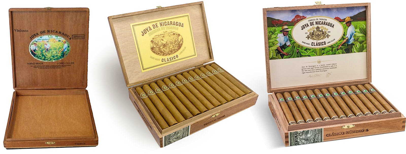 The redesigned packaging of Joya de Nicaragua Clásico, right, pays homage to the brand's previous iterations, left and center.