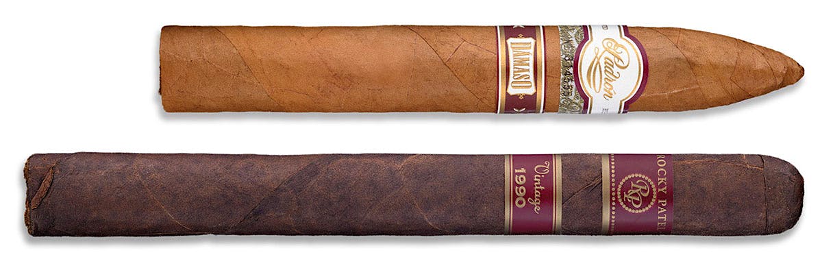 The mild-to-medium Padrón Dámaso No. 34 (top) and the fuller bodied Rocky Patel Vintage 1990 Churchill (below).