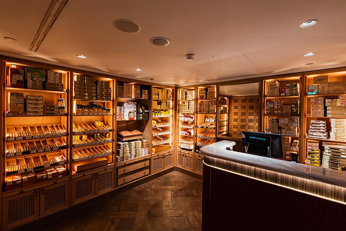 The 200-square-foot, walk-in humidor holds a large inventory of Cuban cigars.