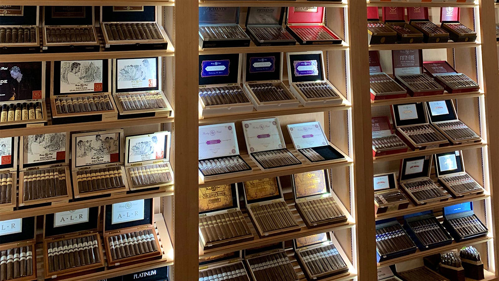 The humidor at Burn carries a large variety of Rocky Patel cigars