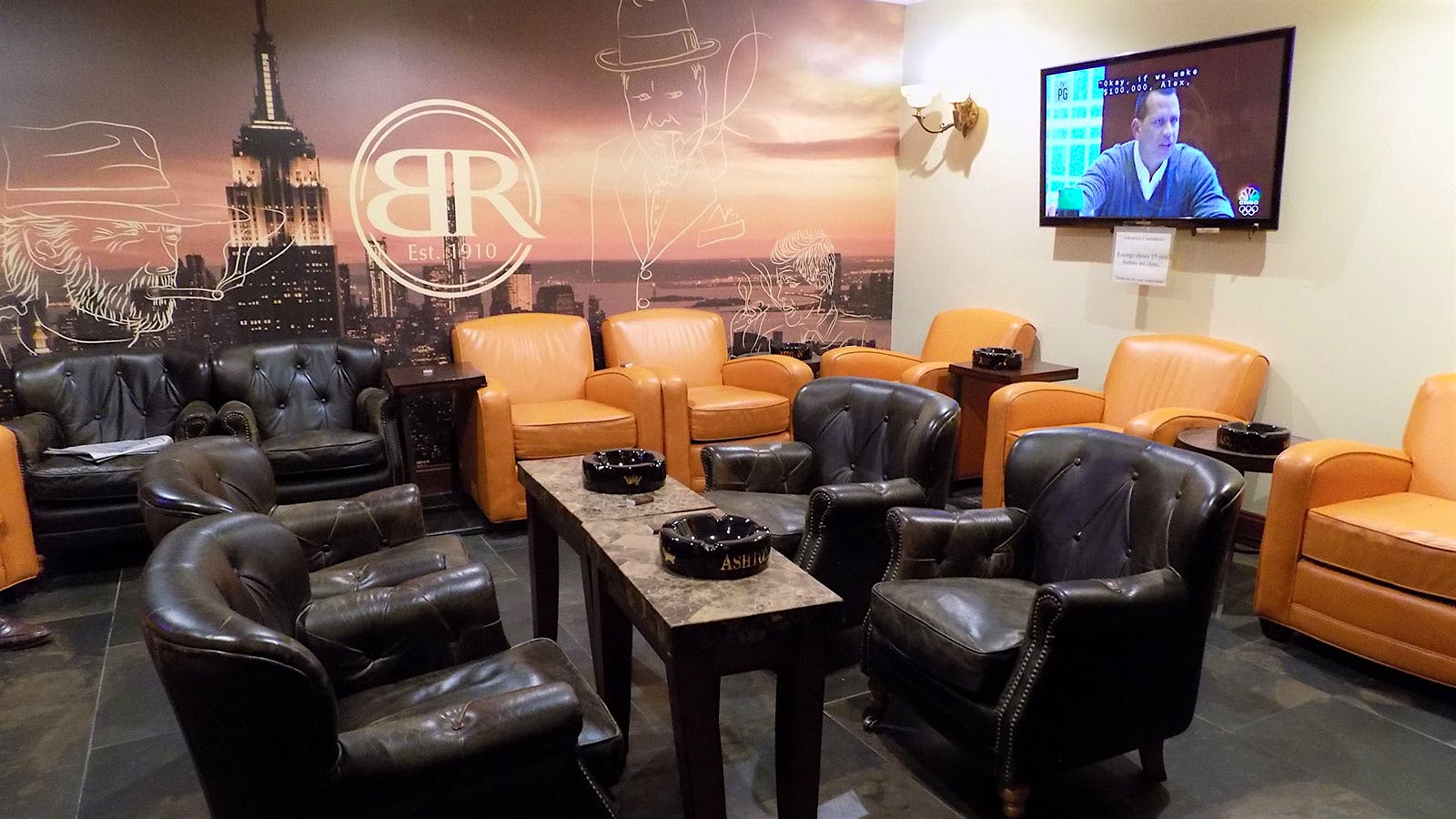 The smoking lounge on the lower-level of Barclay-Rex. Comfortable and inviting, this space is open to the public.