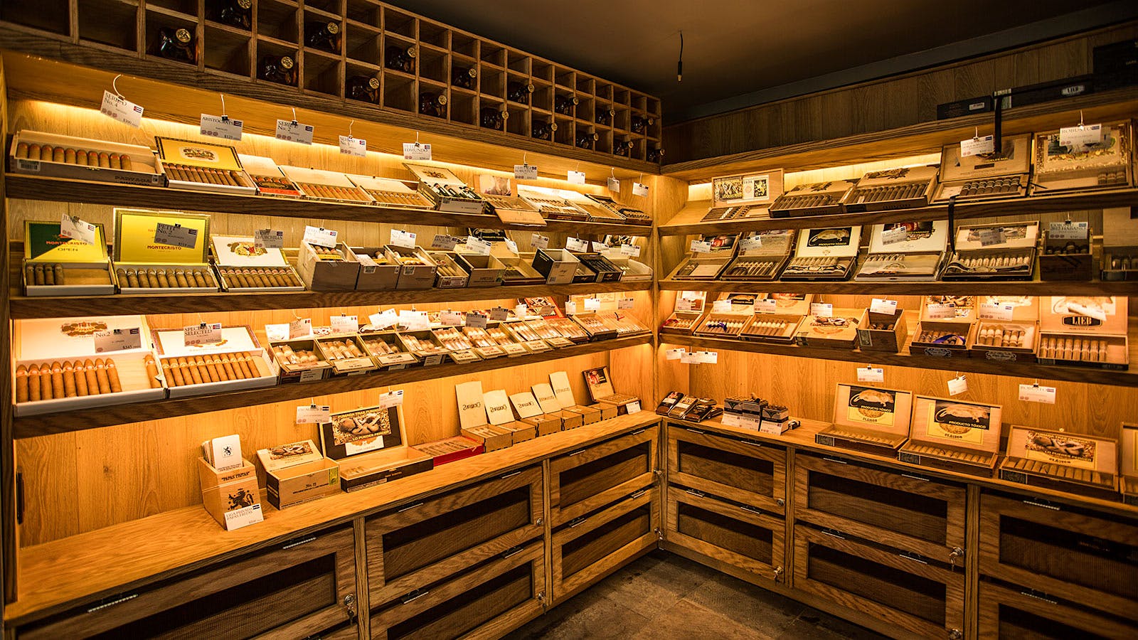 The walk-in humidor is stocked with a variety of Cuban and non-Cuban cigars.