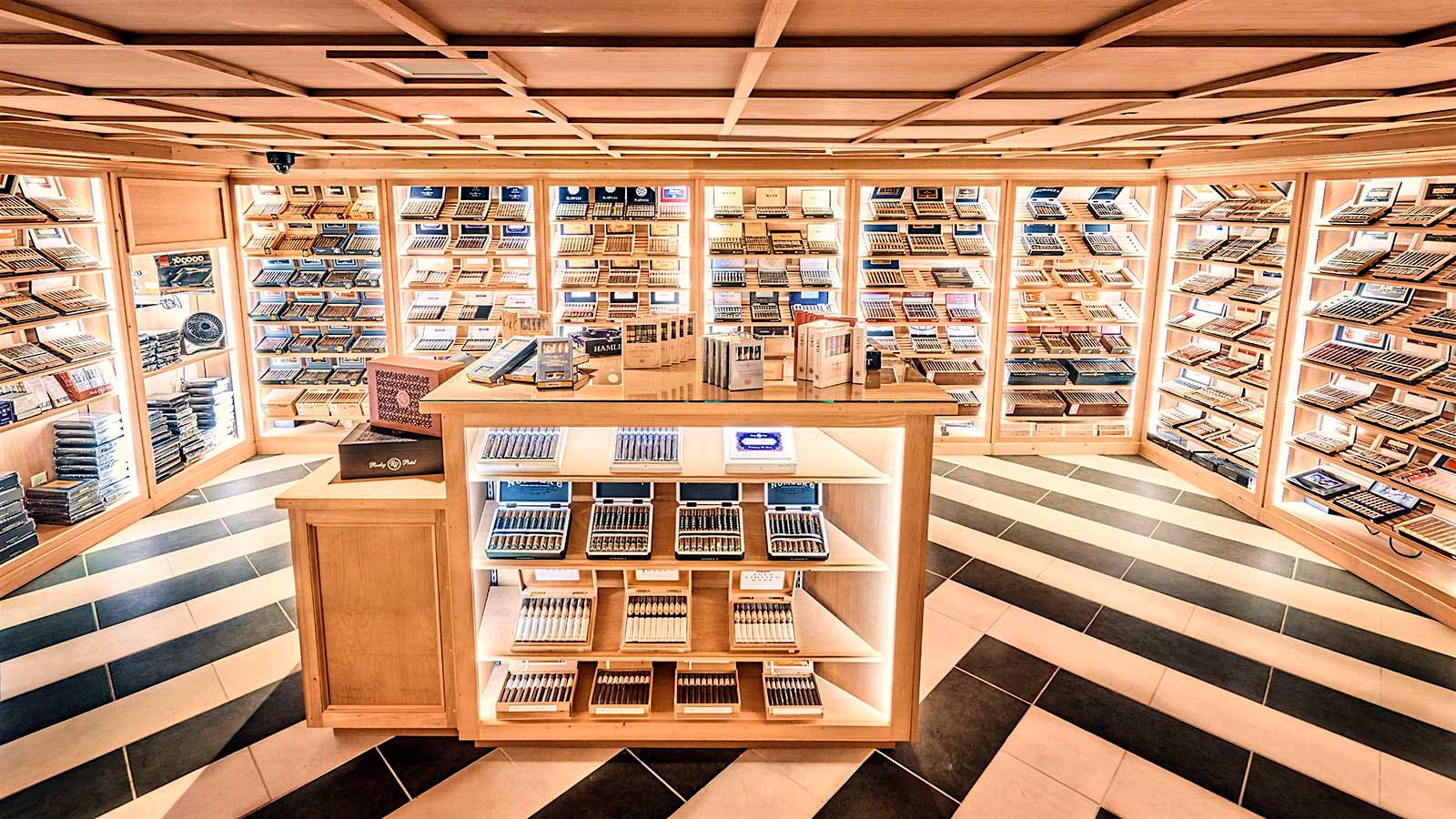 The walk-in humidor is stocked with the full collection of Rocky Patel cigars. Other big name brands in the humidor include Arturo Fuente, Ashton, Padrón and My Father.