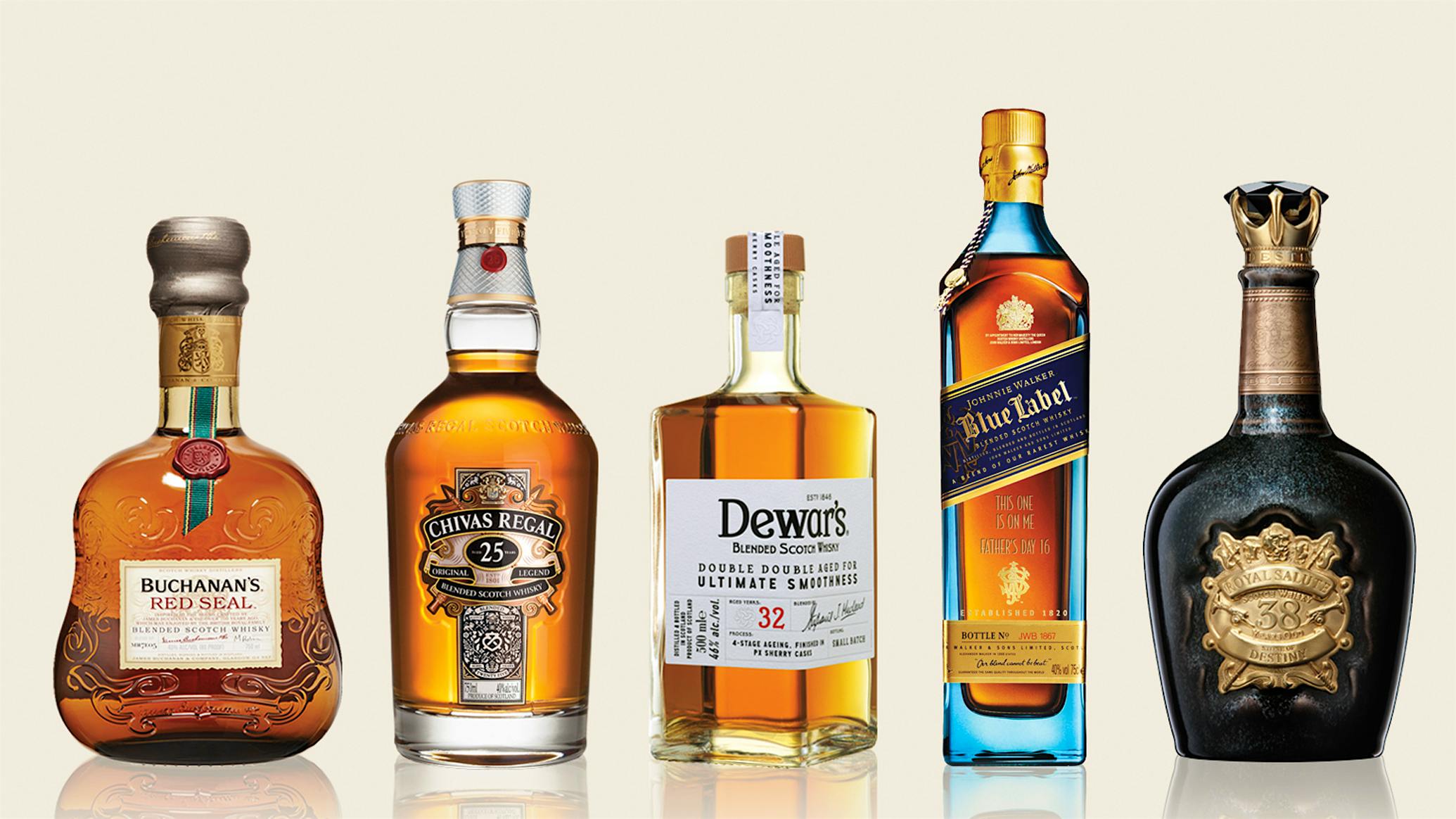 From left to right: Buchanan’s Red Seal, Chivas Regal 25, Dewar’s Double Double 32, Johnnie Walker Blue and Royal Salute.