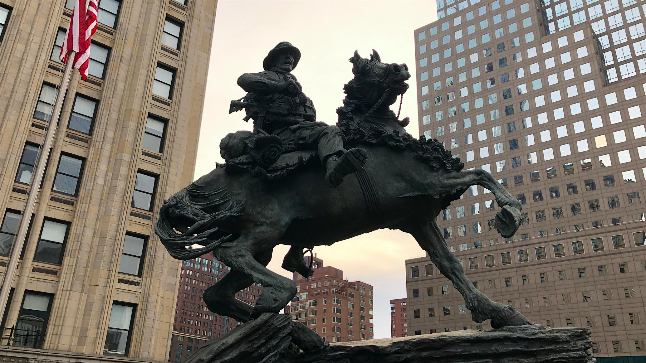 America’s Response Monument at Ground Zero in New York City prominently displays a soldier riding horseback.