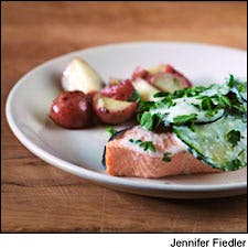Poached Salmon with a Cucumber Yogurt Sauce and Boiled New Potatoes