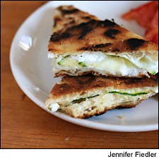 Grilled Goat Cheese, Green Olive and Zucchini Sandwiches with Fresh Tomato Salad