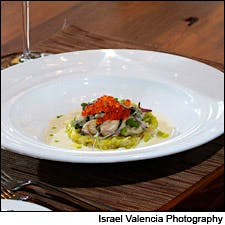 Warm Pacific Oysters with Leek Confit, Salmon Caviar and Vermouth Cream