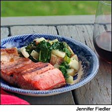 Lemon-Butter Grilled Salmon and Charred Kale Potato Salad