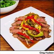 Flank Steak with Chipotle-Coffee Sauce, Roasted Peppers and Onions