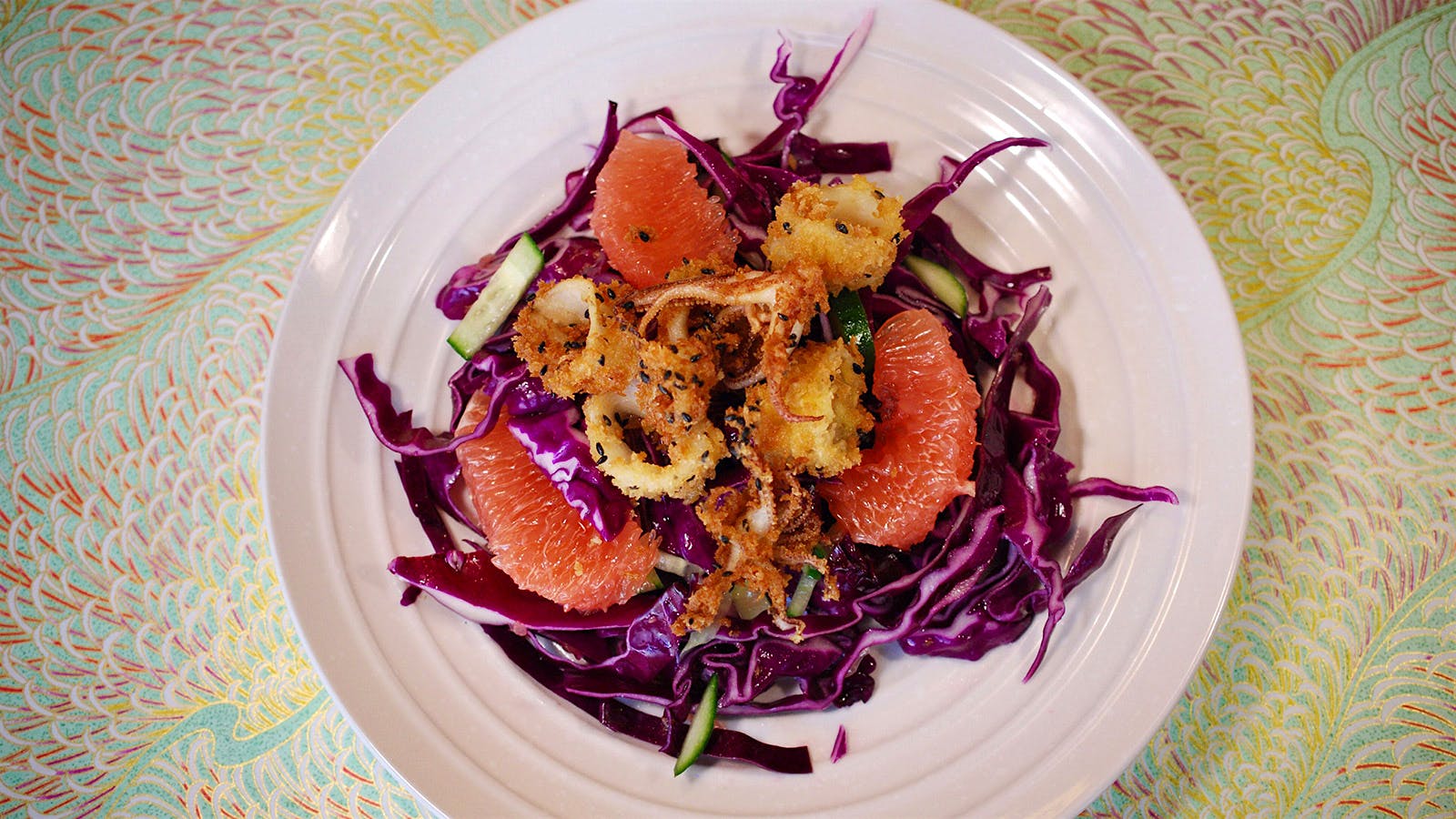 8 & $20: Sesame Calamari With Red Cabbage and Grapefruit Salad