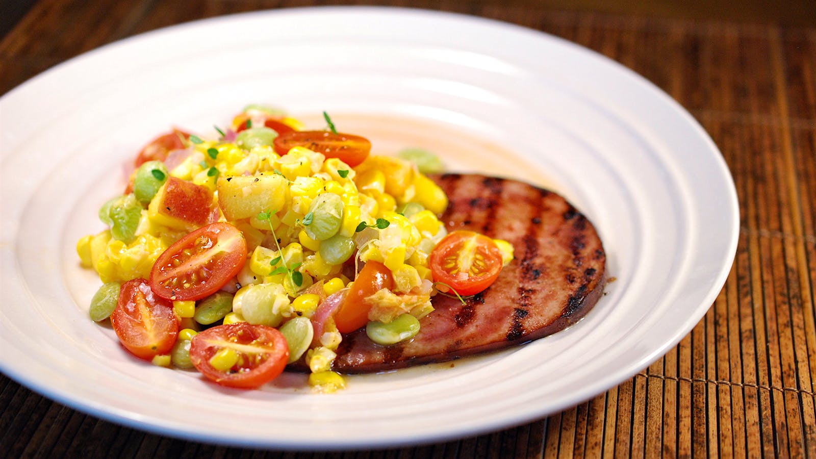 8 & $20: Ham Steaks with Peach-Tomato Succotash