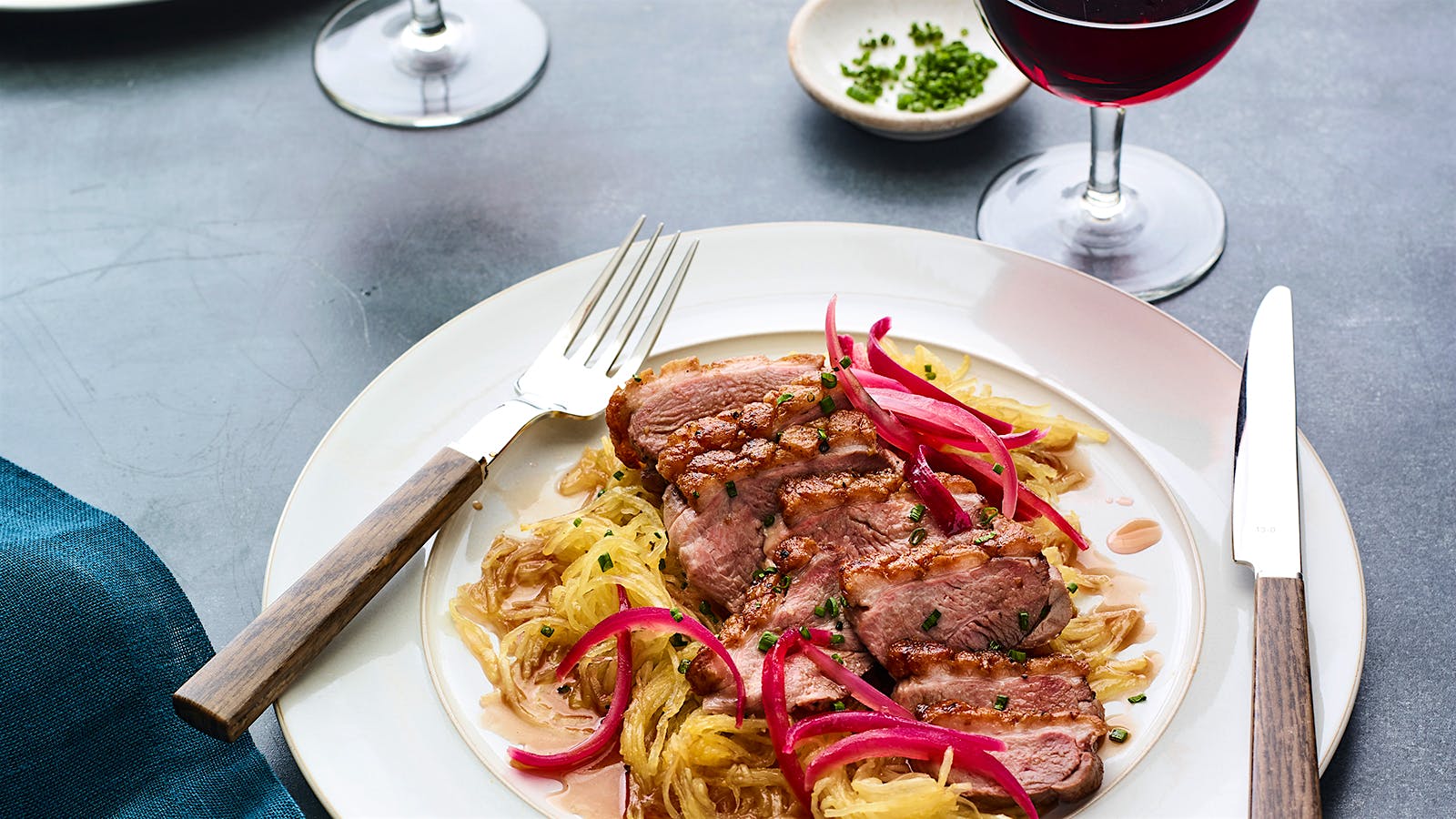 Perfect Match Recipe: Seared Duck Breast with Spaghetti Squash, Onion Syrup, Pickled Onions & Chives