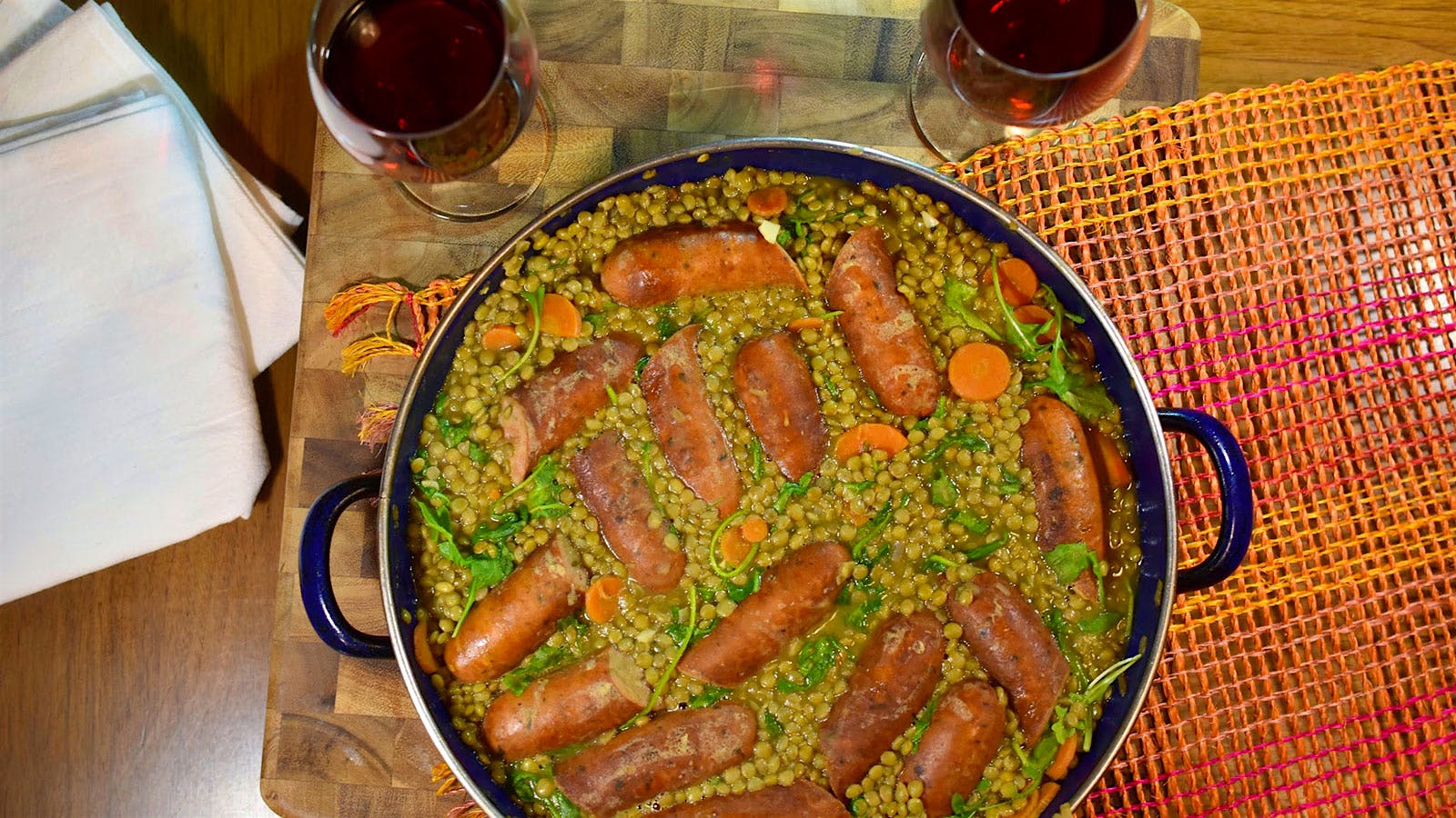 Lentils with Sausages and Arugula