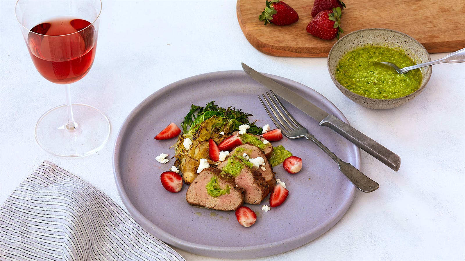 Perfect Match Recipe: Roast Pork Tenderloin with Pickled Strawberries, Goat Cheese and Ramp Pesto