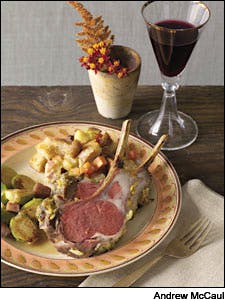 Mustard-Crusted Lamb Rack With Roasted Root Vegetable and Chestnut Stuffing