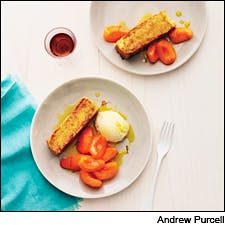Cornbread Pain Perdu With Saffron-Poached Apricots and Lemon Verbena Ice Cream