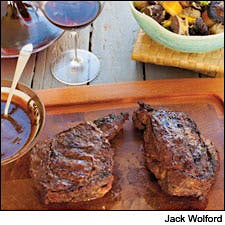 Rib Eye Steak With Miso-Red Wine Marinade and Summer Mushroom Panzanella
