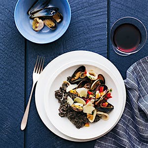 Squid Ink Risotto with Shellfish and Squid