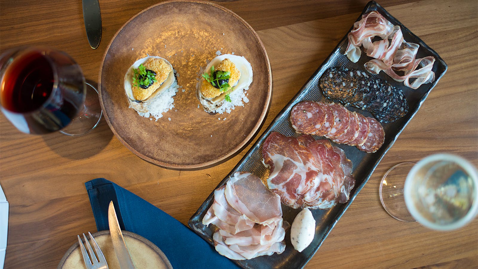 Charcuterie, oysters and wine at Pausa