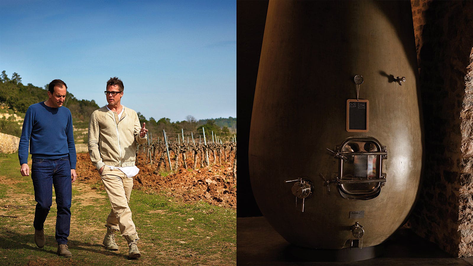 Left: Marc Perrin (blue guy) and Brad Pitt (beige guy) walk the vineyard. Right: the new egg-shaped fermentation vats