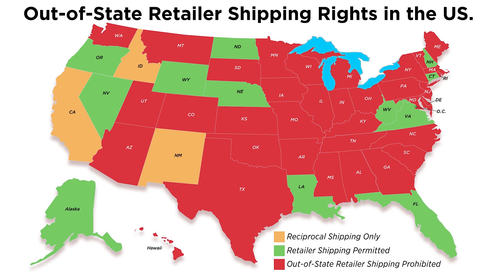 A map of the U.S. with states in red, yellow or green depending on their retailer shipping laws, which are outlined below.