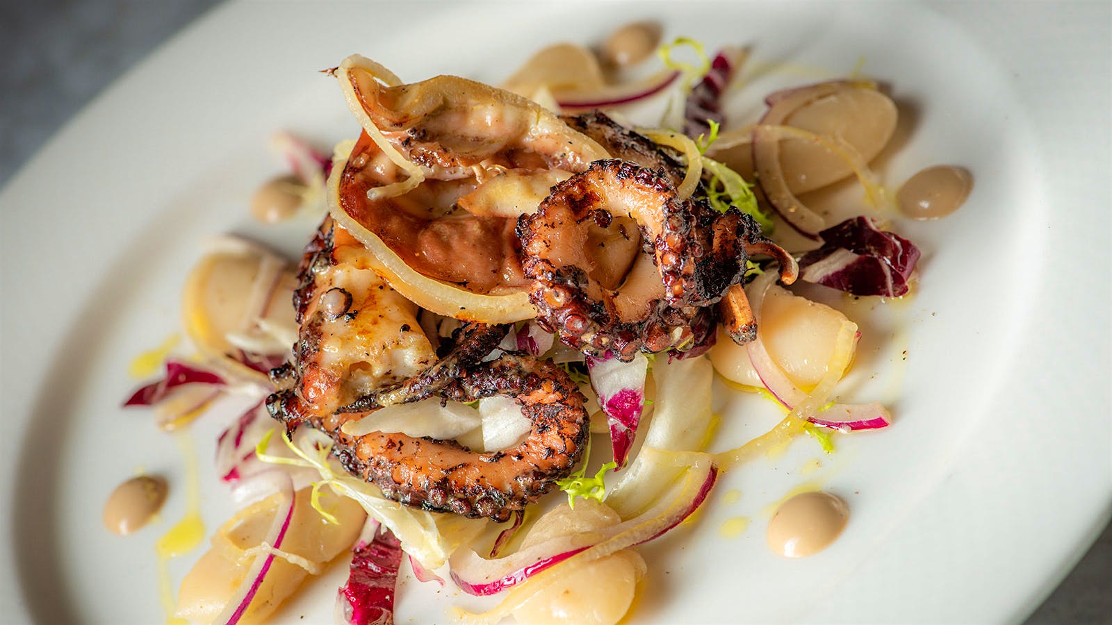Grilled Portuguese octopus with gigante beans and balsamic vinaigrette