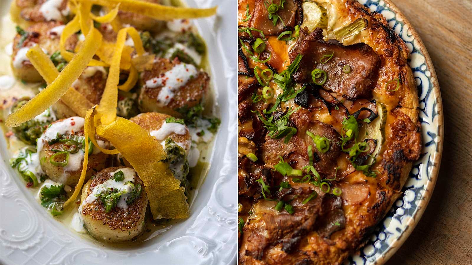 Gnocchi on the left, lechon pizza on the right