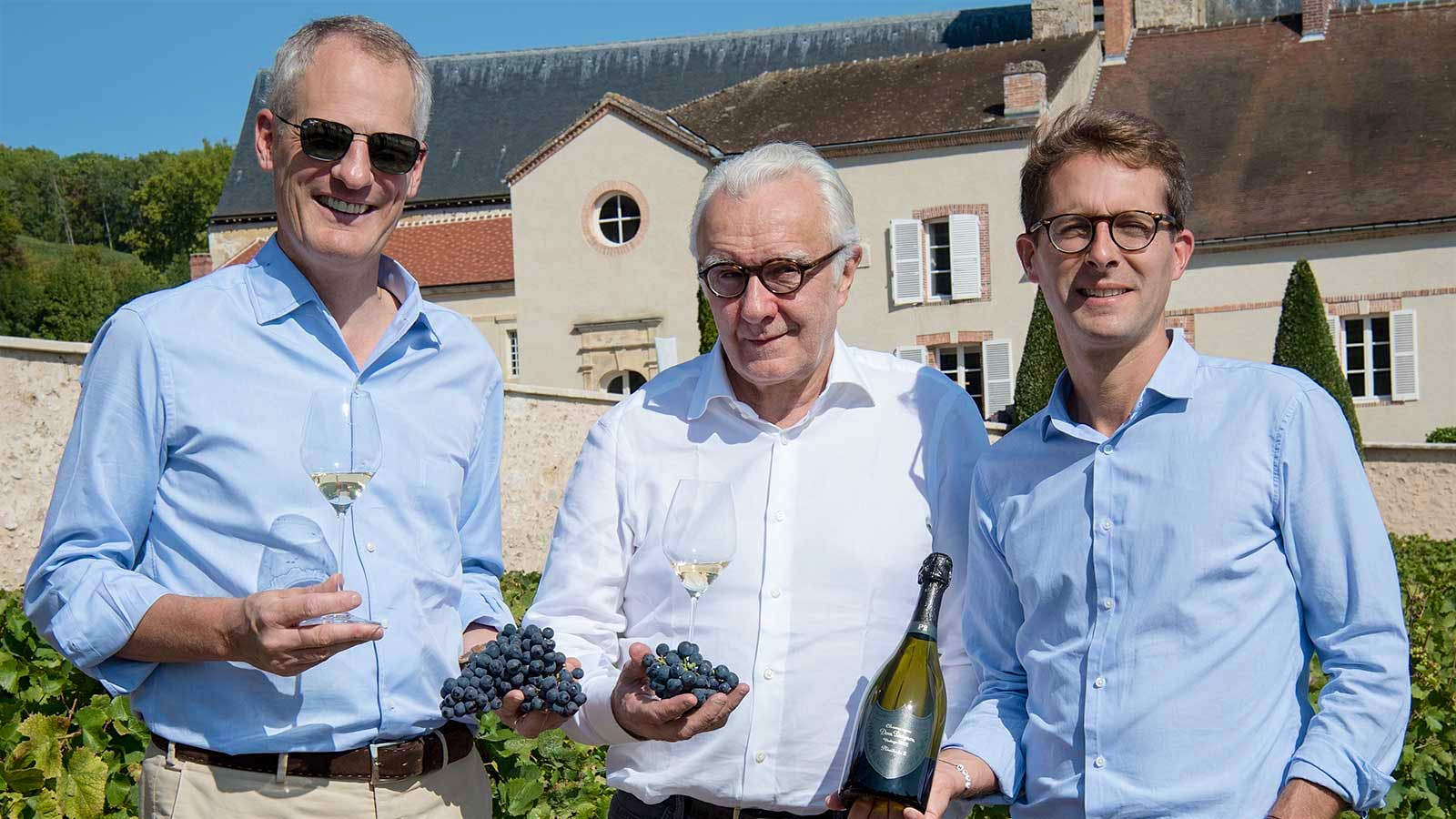 Moët Hennesy CEO Philippe Schaus, Alain Ducasse and Dom Pérignon head winemaker Vincent Chaperon