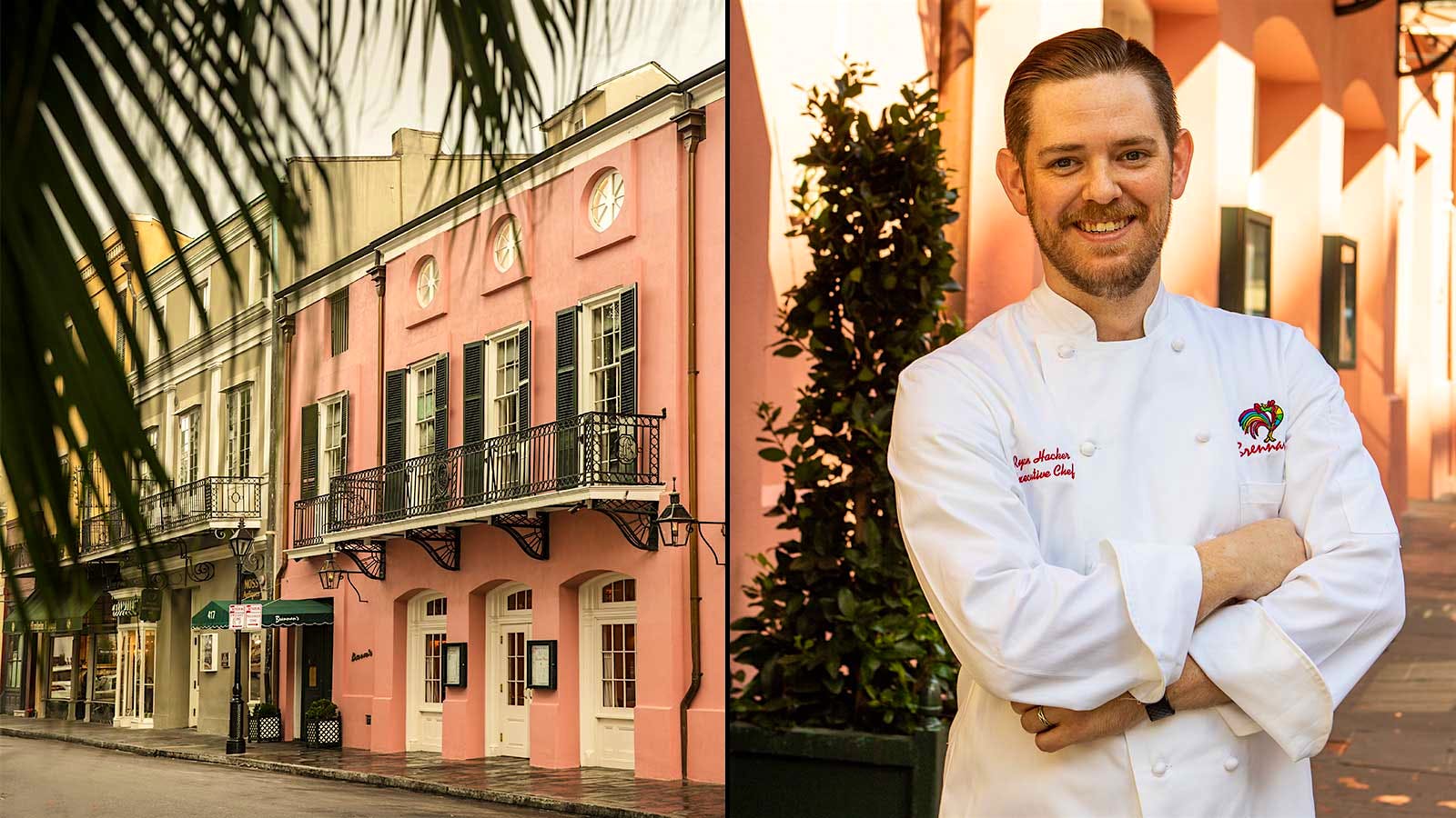 Ryan Hacker and the exterior of Brennan’s Restaurant