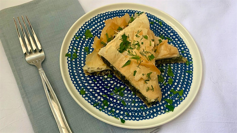 8 & $20: Spanakopita with a Salt-Streaked White Wine