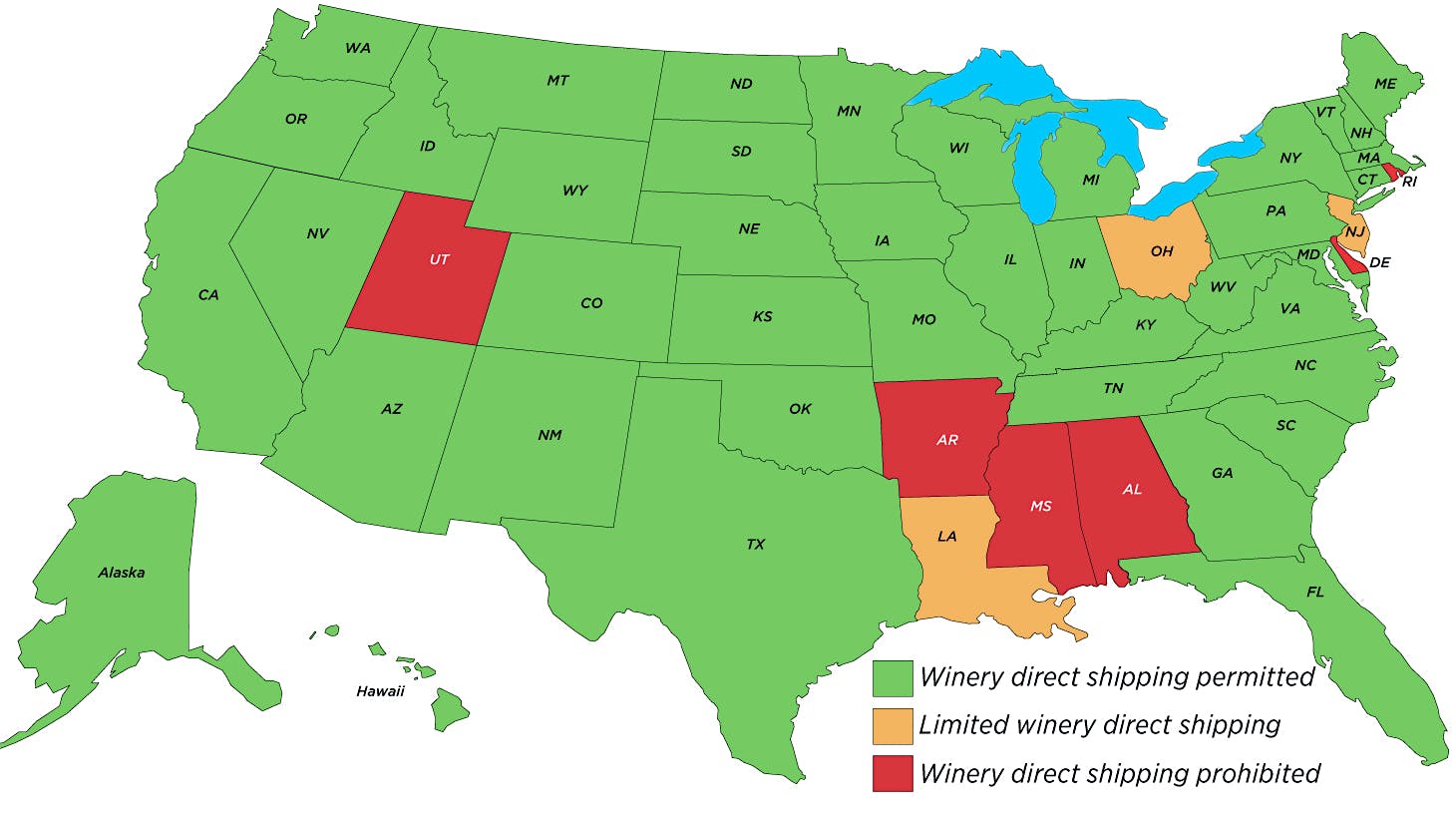 A map of the U.S. with states in red, yellow or green depending on their winery shipping laws, which are outlined below.