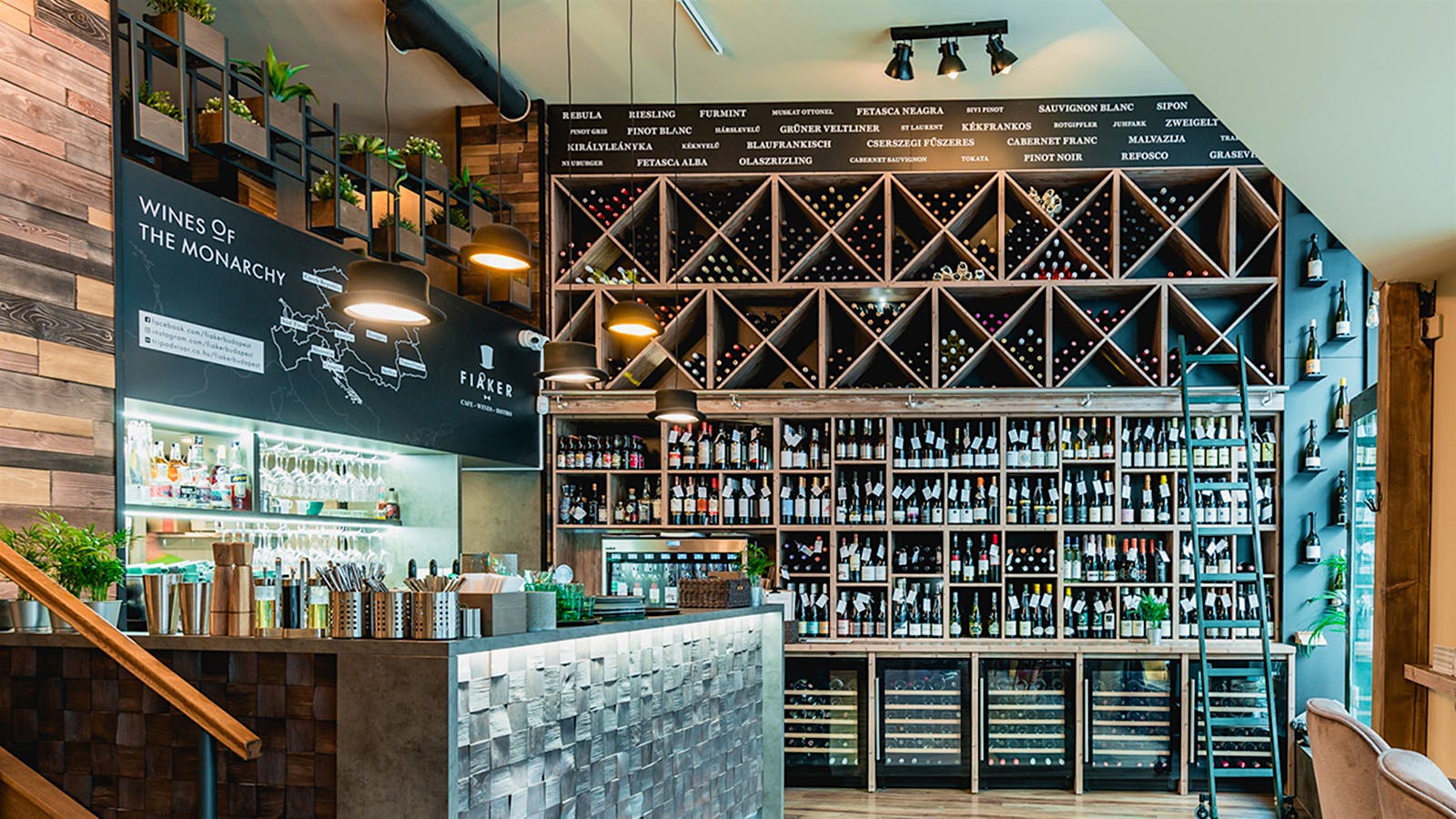 The bar and wine bottle display at Fiaker restaurant, an Award of Excellence winner in Hungary
