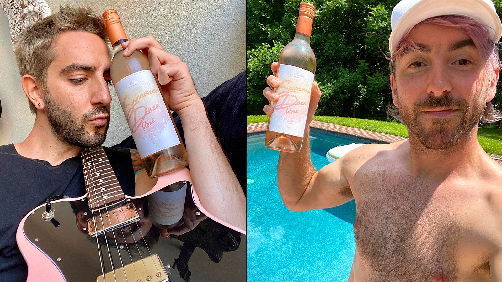 All Time Low band members Jack Barakat (left) and Alex Gaskarth with rosé bottles