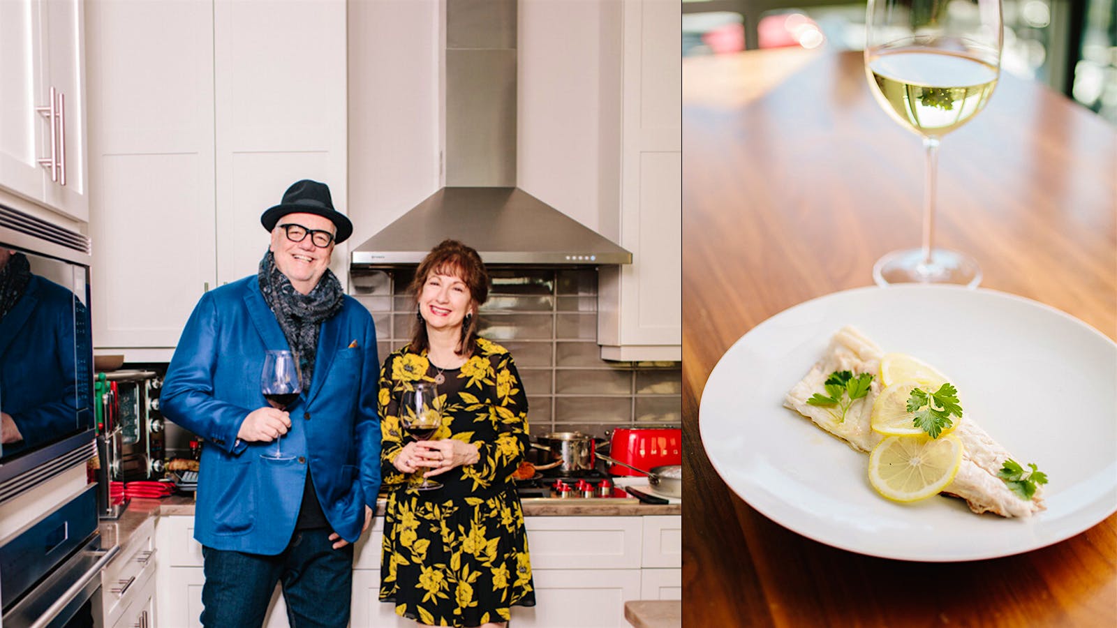 Tony and Cathy Mantuano; a fish dish with a glass of white wine at Yolan