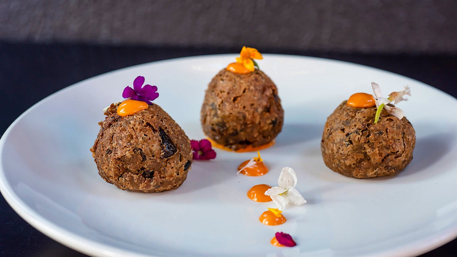 Autumn Meatless Meatballs with Red Pepper Sauce from Harlem’s Vinatería