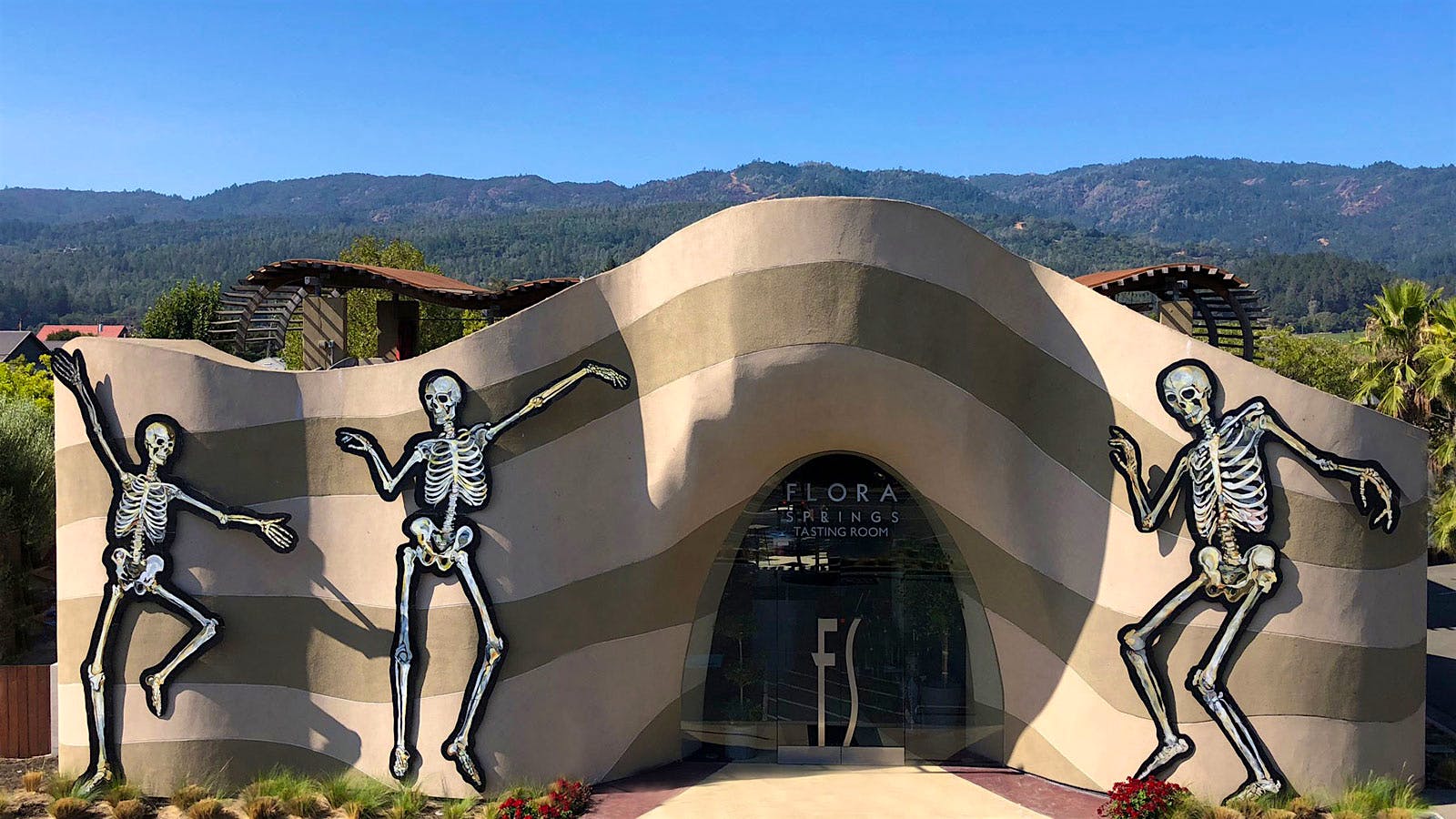 Flora Springs tasting room with skeleton decorations