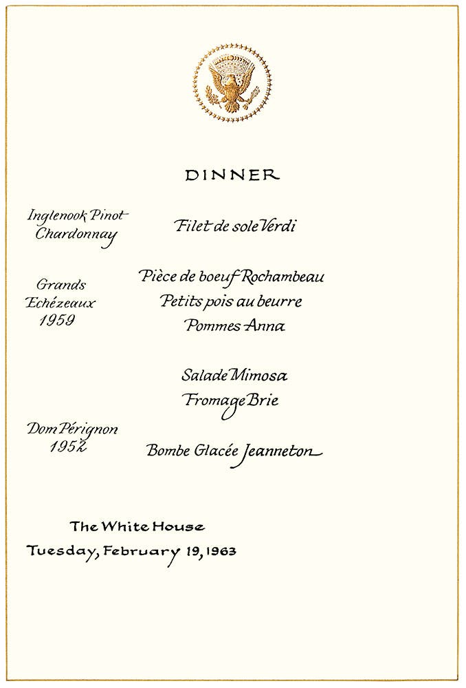 JFK and Mrs. Kennedy treated President Romulo Betancourt of Venezuela to an Inglenook Pinot Chardonnay at a 1963 White House dinner, along with more standard French fare; menu from the dinner.