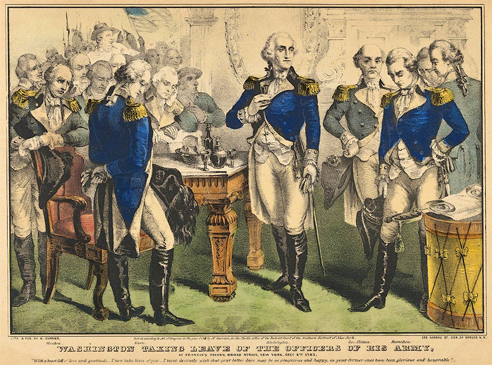 General George Washington makes a farewell toast to his officers at Fraunces Tavern in New York in 1783.