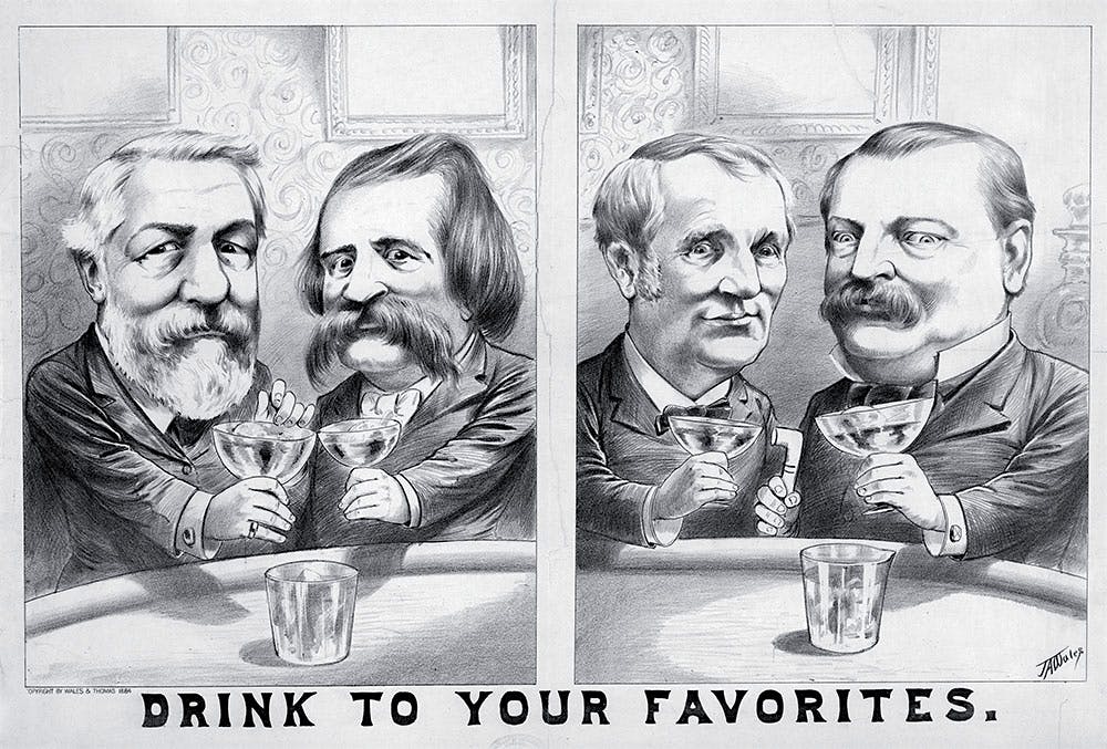 Cartoon from the 1884 election. From left to right: Republican James Blaine and his running mate John Logan, and Thomas Hendricks and Democratic then-candidate Grover Cleveland