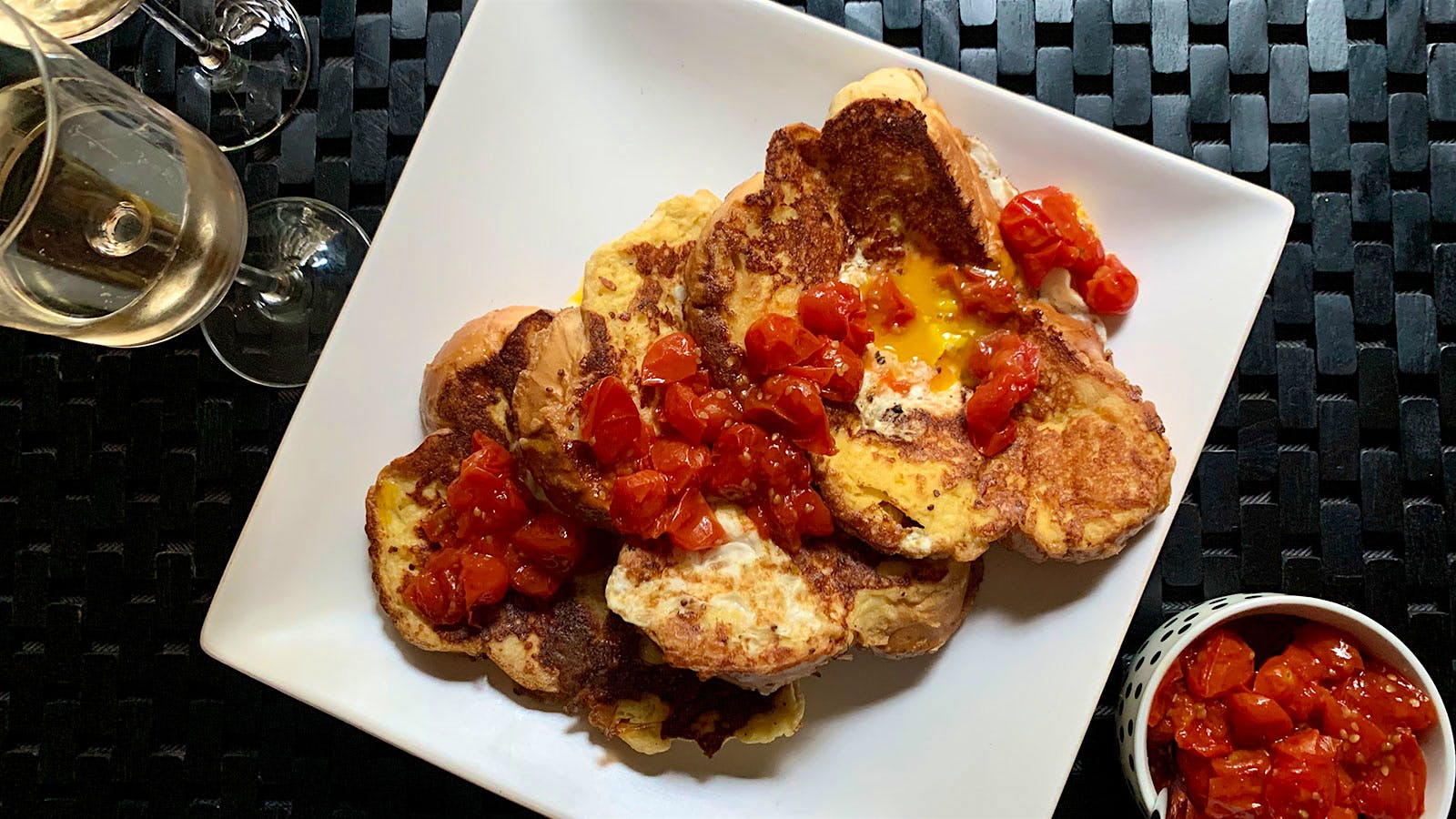 8 & $20: Savory French Toast with Quick Tomato Jam and Sparkling Wine