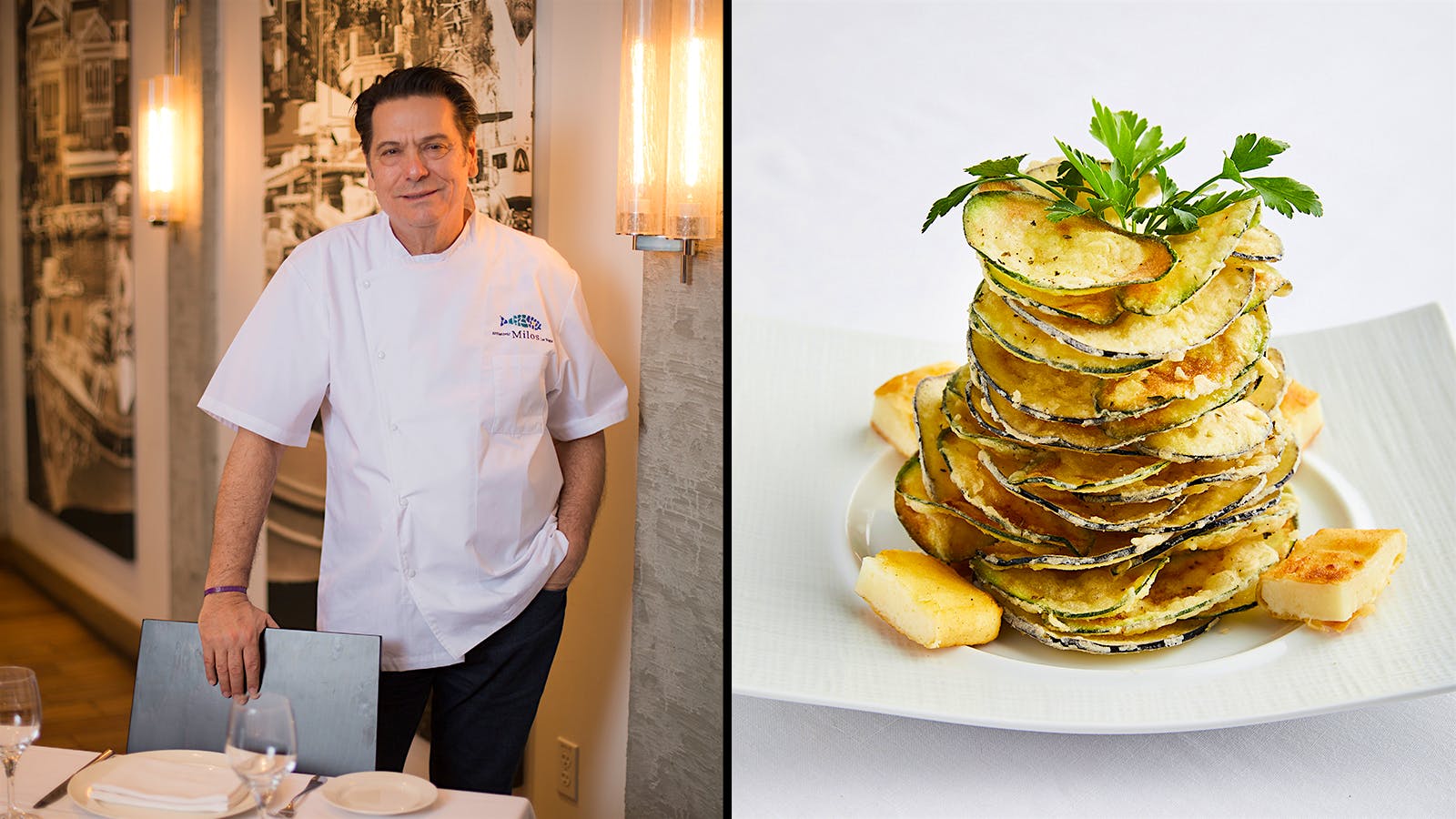 Costas Spiliadis, chef-owner of Estiatorio Milos, poses by a set table