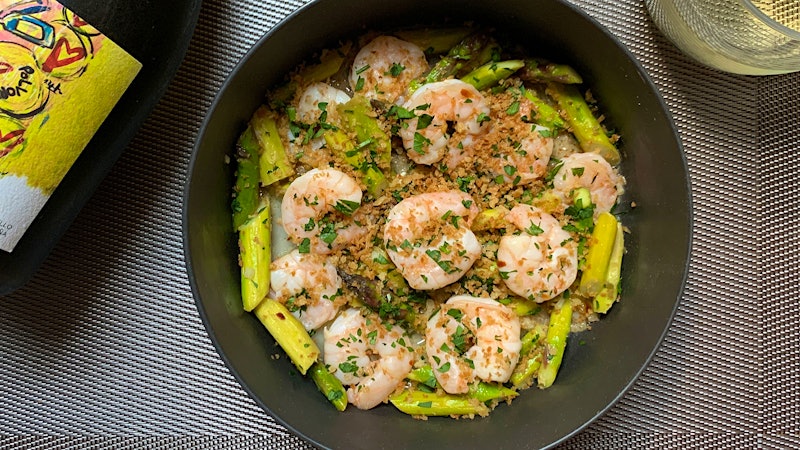 8 & $20: Lemony Shrimp and Asparagus with Garlic Breadcrumbs and Godello