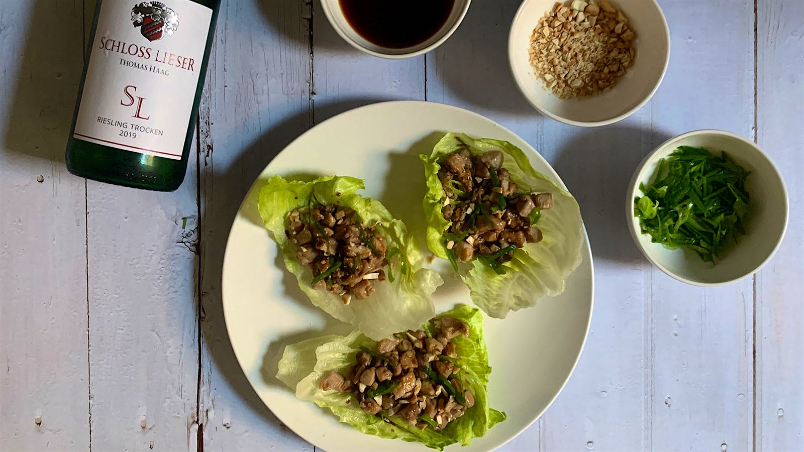 8 & $20: Chicken Lettuce Wraps with German Riesling